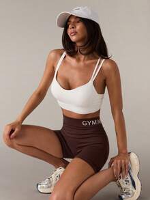SHEIN BAE Women's Letter Print Ruched Casual Fitness Seamless High Elastic Workout Shorts Brown Athletic Shorts - Brown - View 5