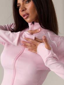 SHEIN BAE Sporty Chic Contrast Color Zip Up Fitted Yoga Jacket, Elegant Design For Workout, Daily Life & Casual Wear - Baby Pink - View 3