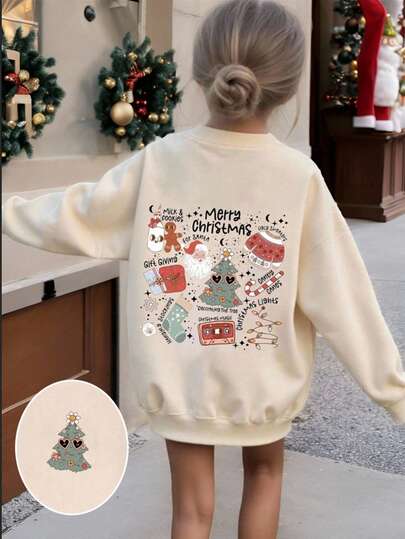 Modischer, süßer Weihnachtsmann & Weihnachtsbaum Muster Sweatshirt für Kleine Mädchen, Weihnachts-Grafik Rundhals-Pullover, geeignet für Herbst/Winter Feierlichkeiten und den täglichen Gebrauch