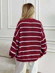 EURMUSE Casual Contrast Color Striped Loose Fit Sweater, Autumn/Winter - Burgundy - View 6