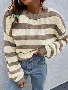 SoleilVie 女式休闲拼色条纹毛衣，秋冬 - 彩色 - 查看 5