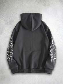 ROMWE MEN Goth 男士复古哥特风连帽抽绳休闲拉链百搭时尚卫衣，长袖上衣 - 灰色 - 查看 2