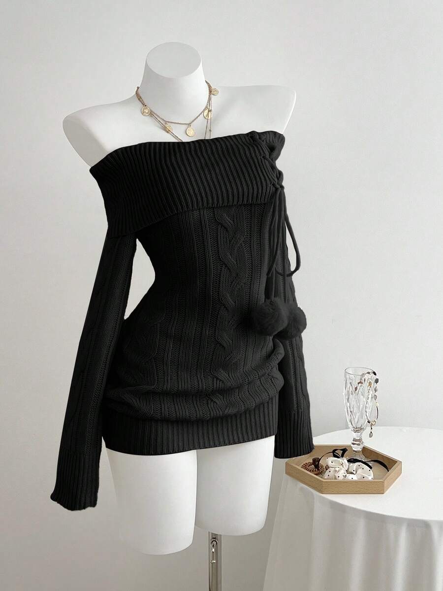 Elamini 露肩毛衣裙 - 黑色 - 查看 1