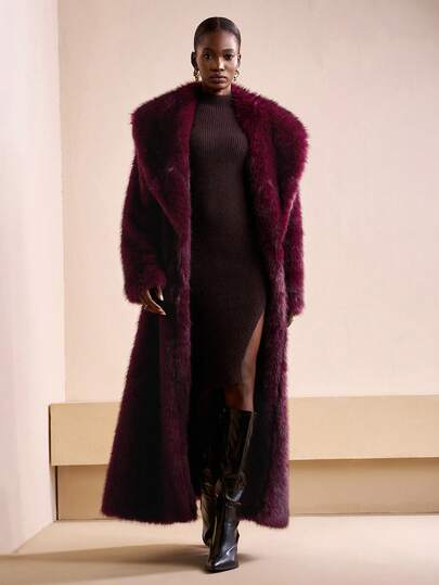 Zivah 2025 Autumn/Winter New Fluffy Long Elegant Women Faux Fur Parka Coat, Ombre Color, Long Fur Coat,Burgundy Coat