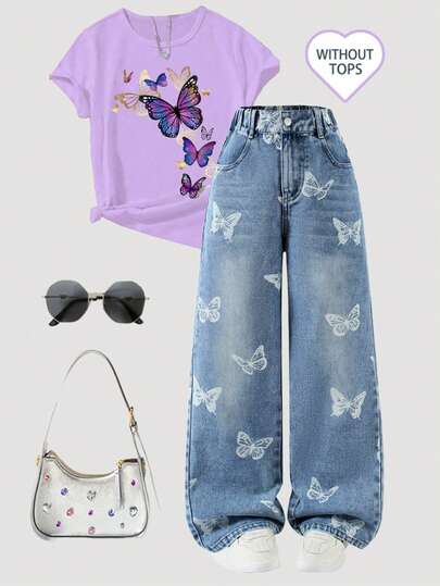 Tween Girls Y2K 风格牛仔裤，复古浅蓝色牛仔布颜色，白色蝴蝶印花，直筒宽松版型，舒适柔软的面料，时尚百搭的日常穿着