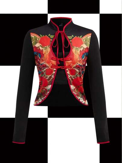 Y2Kool Vecteezy Blusa de manga larga con estampado de dragón y rosa china de estilo milenial, con cordón y botones, que parece un conjunto de dos piezas, y chaqueta estilo cárdigan con estampado de dragón, inspirada en la cultura asiática, colección de ropa de estilo moderno para Año Nuevo