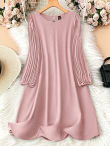 DreamSkyne Đầm chữ A dài tay xếp ly cổ tròn màu trơn cỡ lớn cho nữ, mùa thu - Bụi hồng - Xem 2