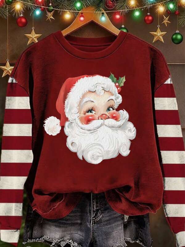 SHEIN LUNE Casual Retro Cozy, Red & White Striped Contrast Sleeve Santa Claus Print Pattern, Round Neck Loose Fit Women Sweatshirt, Comfortable For Autumn/Winter, Christmas
