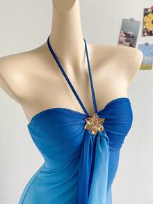 Soleia 女士度假针织网眼渐变浪漫修身挂脖系带金属扣装饰鱼尾长裙，适合派对、约会、下午茶，性感优雅 - 藍色 - 查看 6