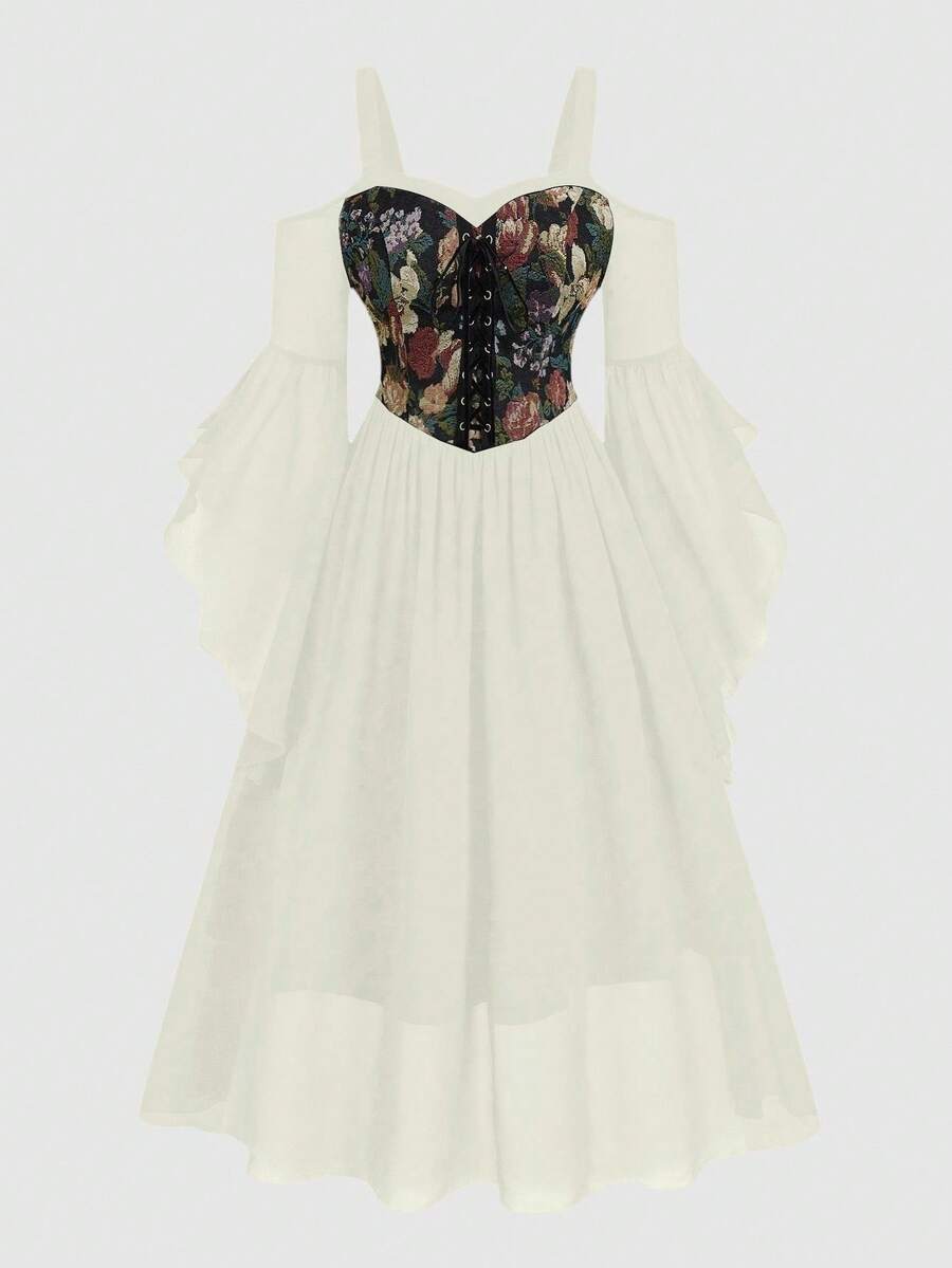 Sweetra 大码印花拼布紧身胸衣系带喇叭袖连衣裙 - 杏色 - 查看 1