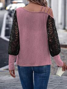 SHEIN LUNE 女款對比蕾絲斜肩長袖時尚上衣 - 粉色 - 查看 2