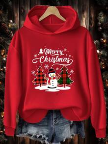 SHEIN LUNE 休闲简约圣诞格子雪人与字母印花连帽长袖宽松厚款卫衣女装，适合秋冬季、圣诞节、派对、圣诞驯鹿、圣诞聚会、圣诞派对、家庭聚会、情侣、姐妹 - 紅色 - 查看 8