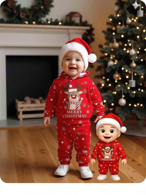 2-Pack Baby Boy Casual Cute Patterned Round Neck Pullover Long-Sleeved Sweatshirt And Trousers Set, Suitable For Christmas And Holiday Wear, Daily Leisure And Vacation Travel, Suitable For Sports, Suitable Autumn And Winter Seasons Christmas Hoodies Sweatpants Baby Boy Clothes Calendrier De L'avent