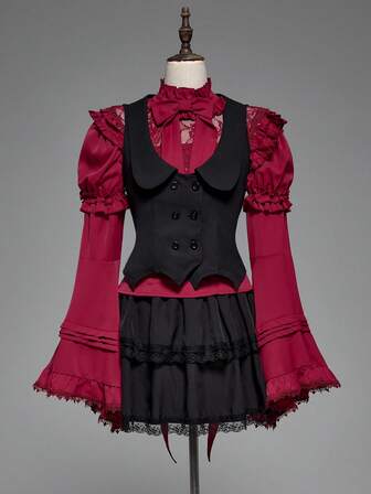 Goth Chaleco de murciélago asimétrico de mujer en negro y rojo con estilo de vampiro