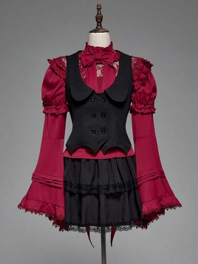 Goth Gilet asymétrique à manches de chauve-souris noir et rouge pour femmes