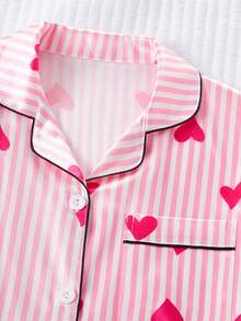 4pcs Girls Pajama Set - Cute Heart & Striped Print Short Sleeve Cardigan, Camisole, Shorts & Long Pants, Casual Sleepwear - Multicolor - View 6