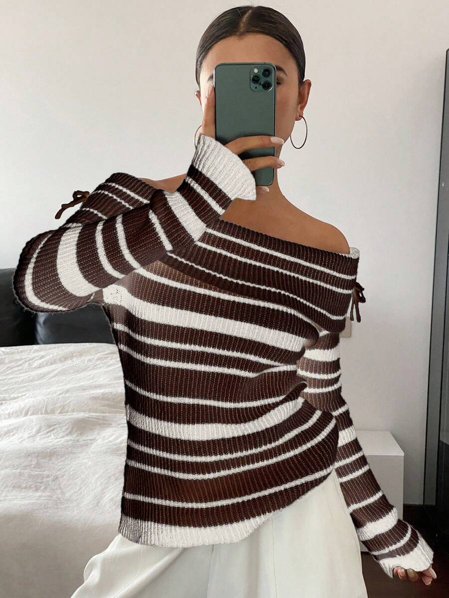 DAZY Women's Elegant Contrast Striped Off Shoulder Long Sleeve Fitted Sweater, Autumn/Winter - Brown - View 1