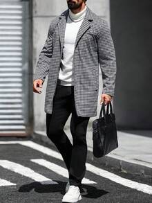 Manfinity Mode 男士长袖夹克，带口袋和前襟纽扣，休闲秋装，搭配黑色千鸟格纹，也是送给朋友、男朋友、丈夫的理想礼物 - 黑與白 - 查看 4