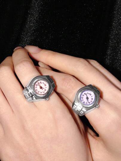 Y2Kool 1 Stück Modischer kreativer Zeitanzeige Elastikring Uhr für Damen, Punk-Stil, unisex Ringuhren in verschiedenen Stilen und Farben wie Gold, Weiß, Pink, Lila, Blau, Rot, Gelb zum Tragen am Finger