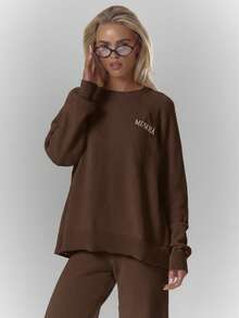 MUSERA Oversized Crew Neck Soft Knit Sweater Jumper Top Only Cosy Cute Casual Coffee Club Evening Party Elegant Spring - Brown - View 5