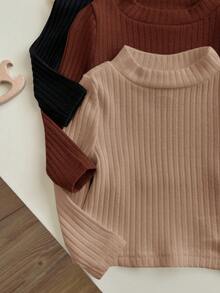 3pcs/Set Baby Girl Cute Solid Color Elastic Long Sleeve Knit Base Layer Tops, Autumn/Winter - Multicolor - View 5