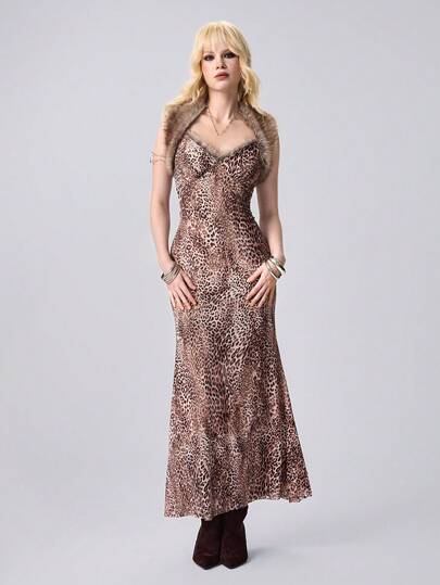 Grunge Punk Abito lungo a sirena in rete con stampa leopardata in stile Y2K (include scialle in pelliccia)