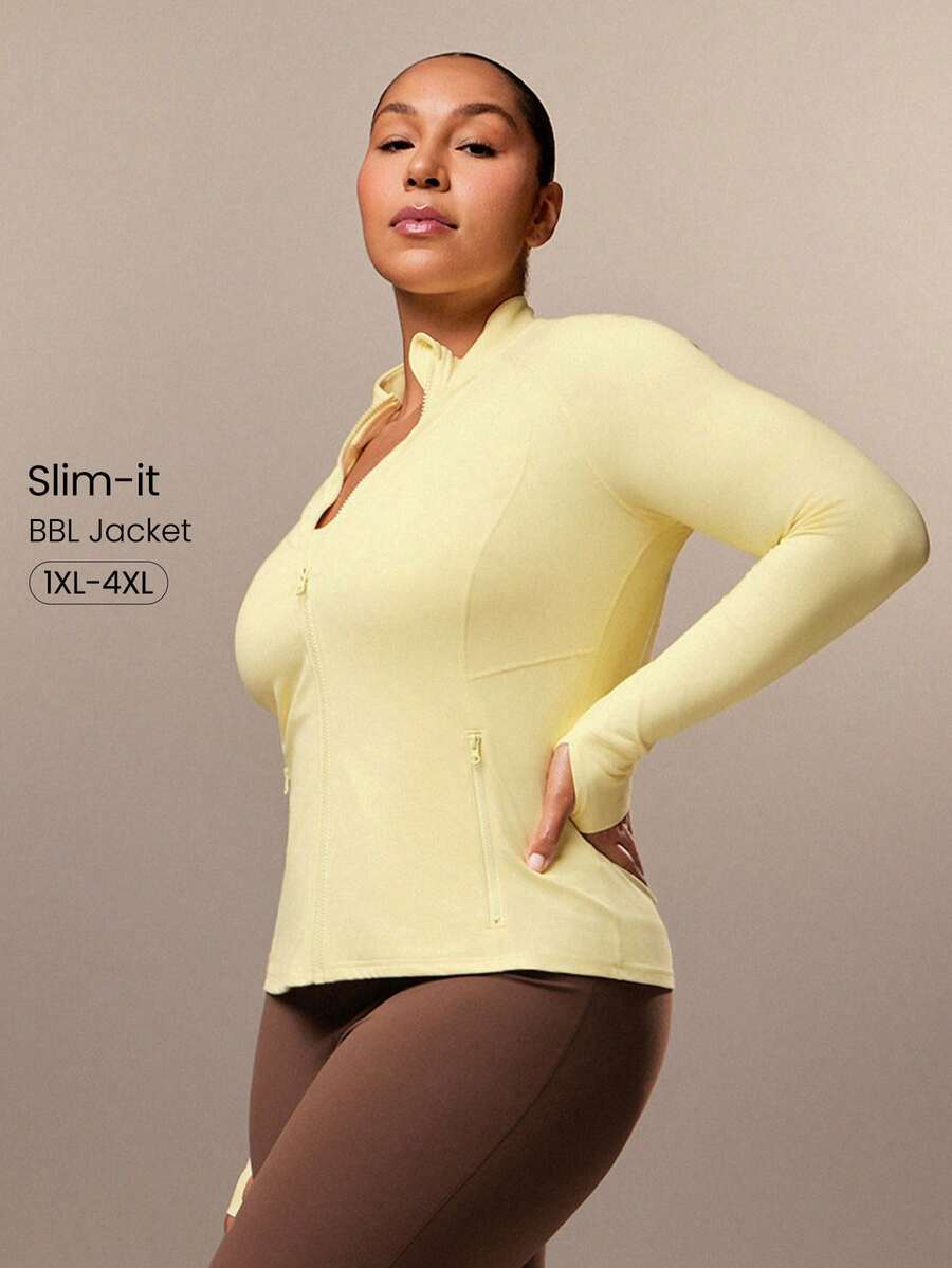 GLOWMODE Plus Size FeatherFit™ Slim Fit Thumbhole Jacket With Side Pockets Low Impact Yoga Pilates Studio Daily Casual Wear/ Spring Summer - French Vanilla - 查看 1