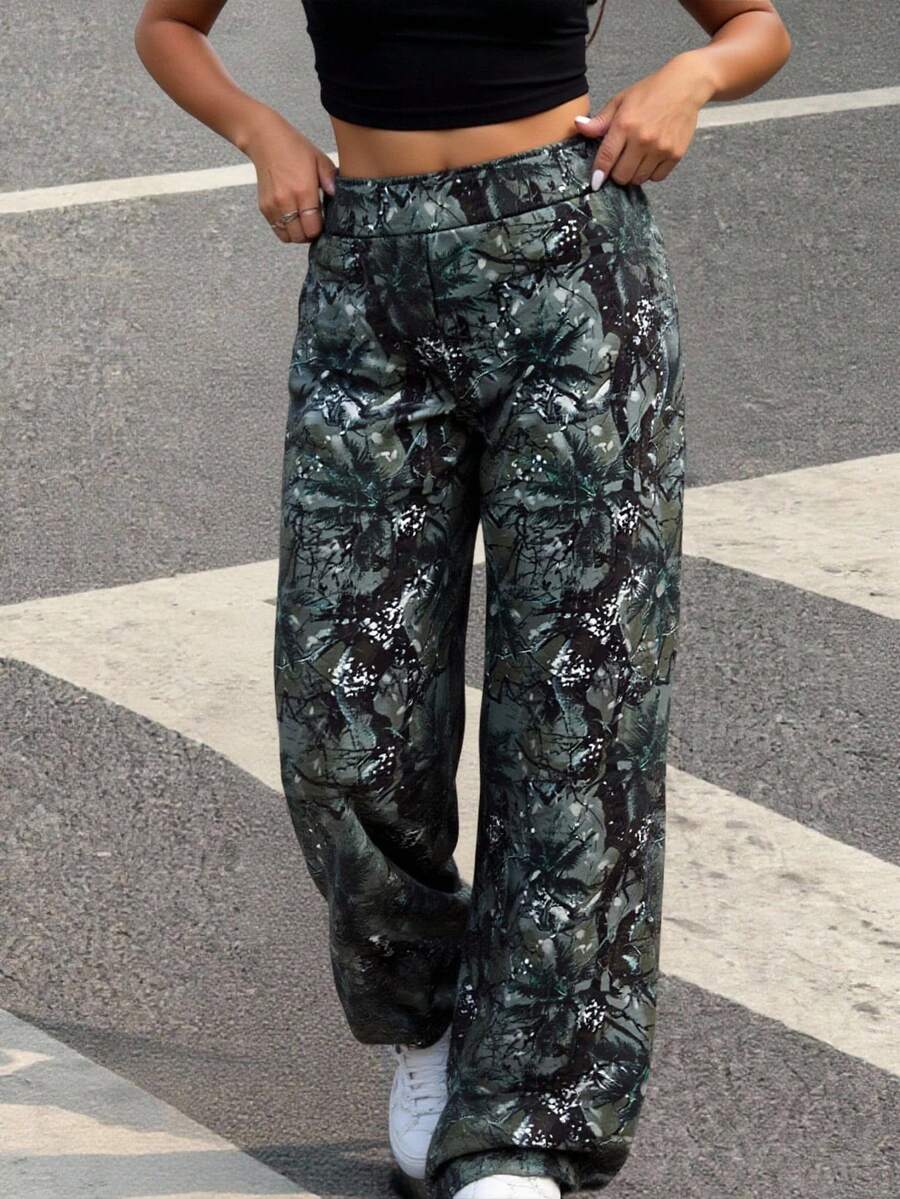 SHEIN Teen Girl Casual Tree Branch Print Drawstring Waist Sweatpants,Back-To-School Loose Wide Leg Camo Graphic Pants,Versatile Daily Wear Basics - Multicolor - View 1