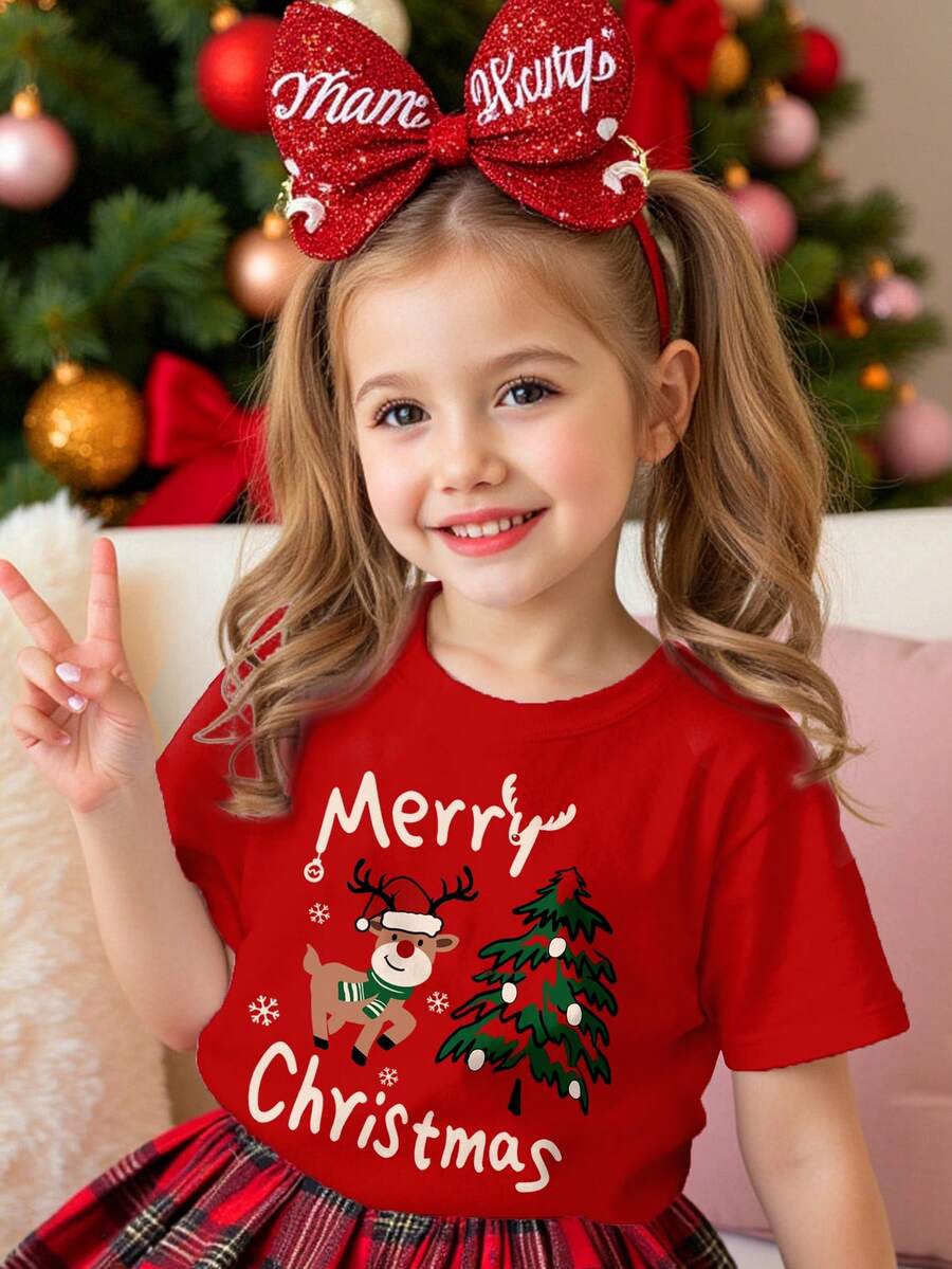 SHEIN 圣诞红，圣诞快乐，复古有趣的圣诞树和驯鹿图案，适合圣诞派对的年轻女孩休闲简约短袖圆领T恤，家庭装圣诞服装，圣诞氛围，圣诞礼物，秋冬外出服装，轻松舒适，女童秋冬分层装，时尚女孩，休闲装，儿童圣诞图案T恤，秋冬服装，圣诞服装，圣诞新款 - 彩色 - 查看 1