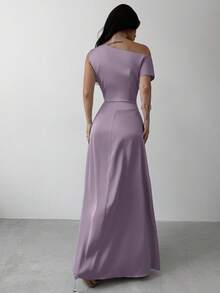 Firerie 女士绿色优雅不对称肩部褶饰鱼尾下摆连衣裙，适合约会、度假、婚礼、活动、返校、毕业典礼、正式伴娘礼服 - 淺灰紫 - 查看 2