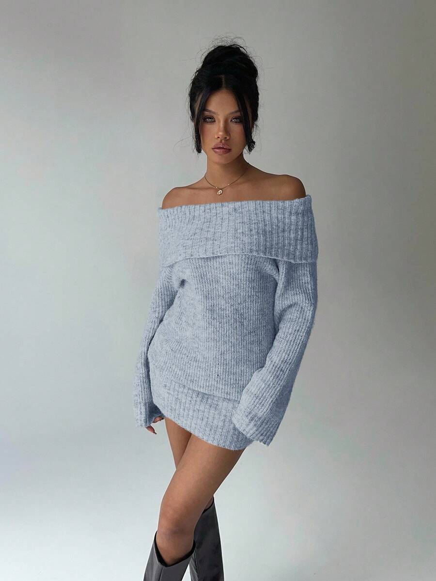 Aloruh Gaun Mini Lengan Panjang Kerah Tinggi Model Bahu Terbuka Warna Abu-abu, Atasan Longgar Bawahan Ketat, Cocok Untuk Wanita Muda, Musim Gugur/Musim Dingin - Biru - View 1