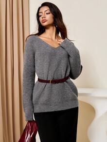Lyxana Women's Cozy Off-Shoulder Knit Top, Dark Color, Autumn/Winter - Grey - View 4