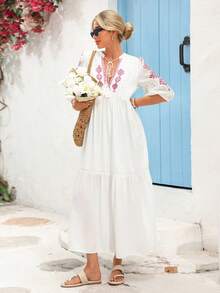 Vivid Eden 女式 V 领流苏绳拼布刺绣纹理面料 A 字形度假连衣裙 - 紅白色 - 查看 5