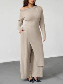 大码纯色侧开叉上衣和裤子两件套，时尚通勤，秋季 - 杏色 - 查看 1