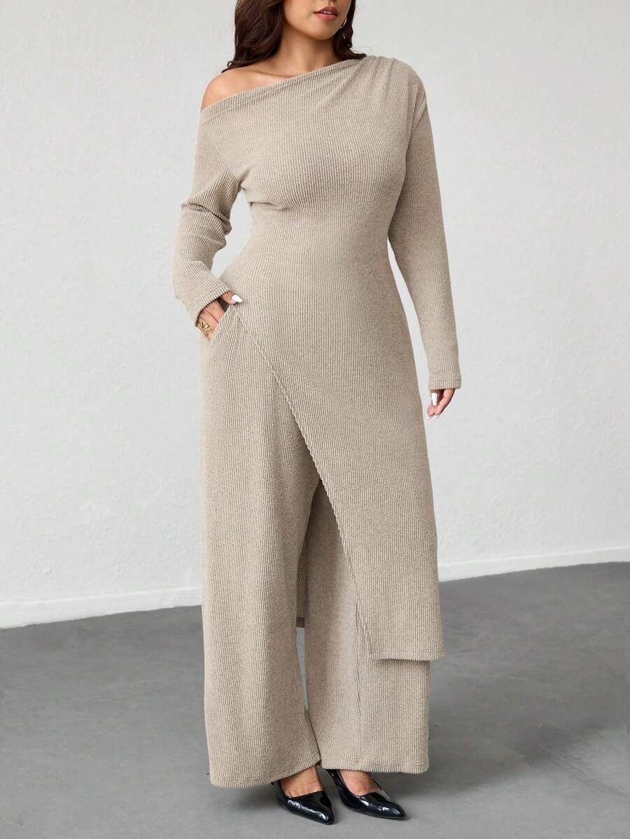 大码纯色侧开叉上衣和裤子两件套，时尚通勤，秋季 - 杏色 - 查看 1