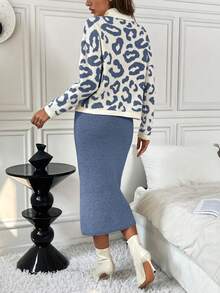 SHEIN Clasi 2件套豹纹修身优雅针织毛衣套装 - 霧霾藍 - 查看 2
