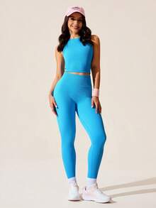 Core Rhythm 女士无缝纯色罗纹圆领背心和高腰裤运动套装 女士运动服套装 健身套装 女士休闲撞色运动套装 - 藍色 - 查看 4