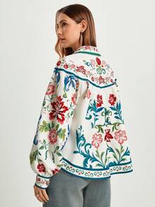 CAJUNI 女式休闲度假花卉印花长袖衬衫上衣，秋季约会装，热带风情，波西米亚风 - 彩色 - 查看 2