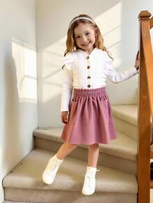 2pcs/Set Young Girls Textured Long Sleeve Ruffle Jacket And Pink Skirt Outfit - Multicolor - View 1