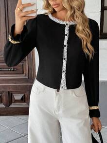 Chiquease Women's Autumn Long Sleeve Blouse With Frill Trim And Patchwork Design, Casual Wear - Black - View 4
