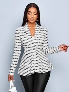 SOLERSUN Women's Fashionable Striped Knit Textured Single Button Light Coat - Black - View 7