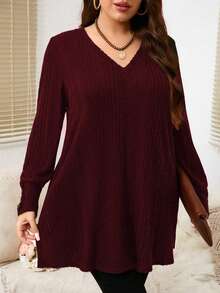 EMERY ROSE Camiseta casual holgada de mujer de talla grande con cuello en V, manga larga y diseño de botones acanalados - Burdeos - Ver 3