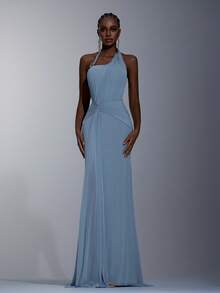 Elitara Elegant, Noble & Graceful Gray-Blue High Elastic Knitted Mesh Halter Neck Dress With Luxurious Metal Decor, Pleated Front Panel, Twisted Waist, Asymmetric Ruched Fishtail Hem, Suitable For Dates, Vacations, Singles Parties, Weddings, And Everyday Wear - Dusty Blue - View 3