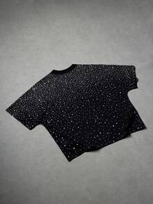 Manfinity Roghcode Camiseta corta de manga corta con estampado de murciélago de estilo callejero con rhinestones - Negro - Ver 2