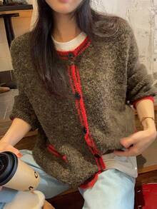 DAZY 女士撞色圆领韩版长袖开衫，秋冬圣诞新年款 - 紅色 - 查看 7