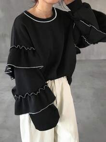 FRIFUL 女式休闲宽松多层拼接保暖内衬厚款卫衣，街头风格，秋季 - 黑色 - 查看 6