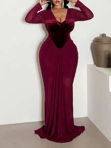 Maweii Damen Samtkleid in Große Größen mit langen Ärmeln, geeignet für Ball, Date, Party, tailliert, bodenlang - Bordeaux - Übersicht 3