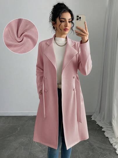 SHEIN PETITE Christmas Women's Elegant Solid Color Faux Suede Mid-Length Regular Jacket Long Coat
