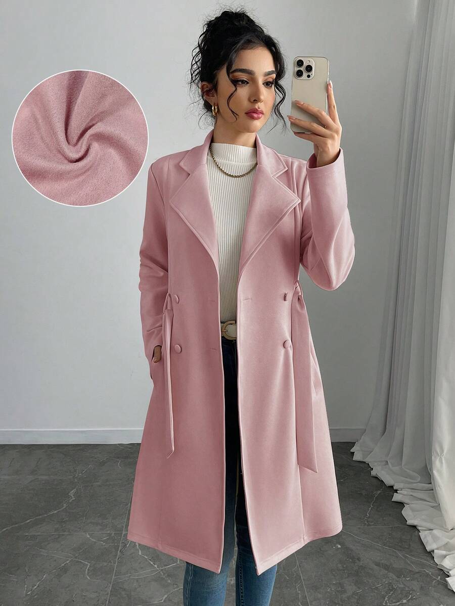 SHEIN PETITE Christmas Women's Elegant Solid Color Faux Suede Mid-Length Regular Jacket Long Coat