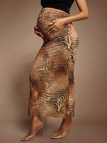 SHEIN MaterniChic Váy đuôi cá họa tiết động vật thời trang mùa thu đông dành cho bà bầu đi làm Váy dài Maxi cong họa tiết động vật Váy dài màu nâu Váy dài Maxi cho nữ Váy ngựa vằn - màu nâu - Xem 5